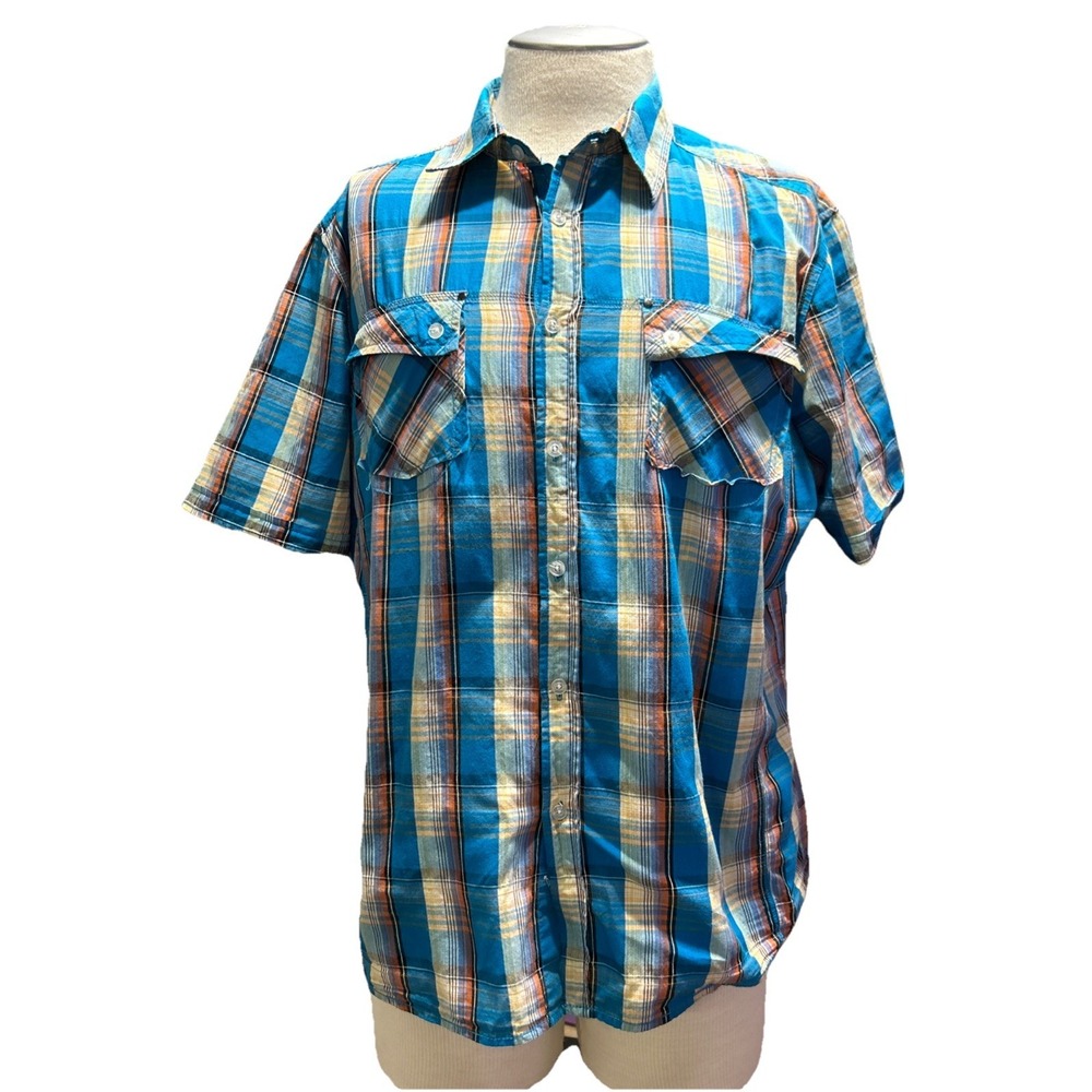Elixir Men's Shirt XL Blue Flannel Skateboard Style Button Down Short Sleeve Cas